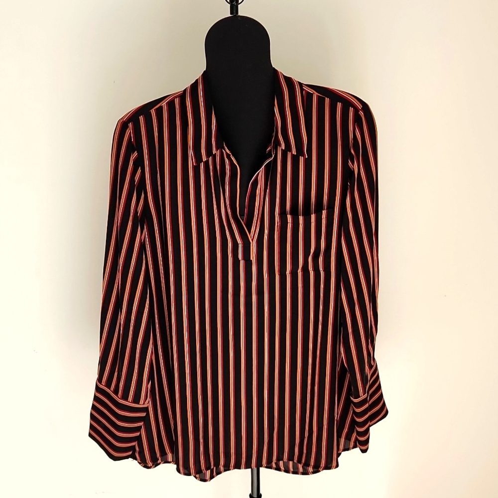 Premise, size large, black/rust/maroon striped pullover blouse, tunic length.